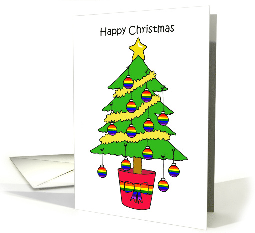 Happy Christmas Cartoon Tree with Gay Flag Rainbow Baubles card
