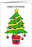 Happy Christmas Cartoon Tree with Gay Flag Rainbow Baubles card