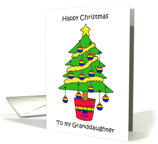 Happy Christmas Granddaughter Tree with Gay Flag Rainbow Baubles card