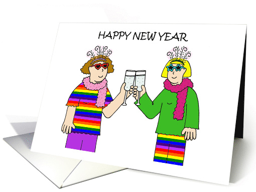 Happy New Year Funky Cartoon Lesbian Couple with Champagne card