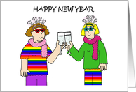 Happy New Year Funky Cartoon Lesbian Couple with Champagne card