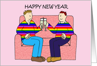 Happy New Year Fun Cartoon Gay Male Couple Drinking Champagne card