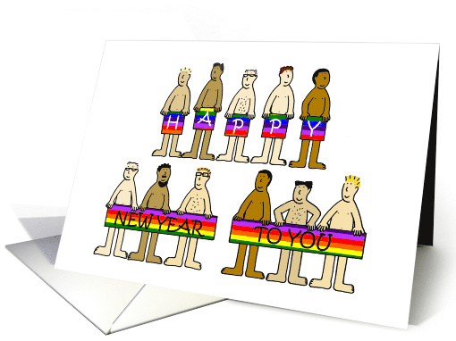 Happy New Year Cartoon Almost Naked Gay Men with Banners card
