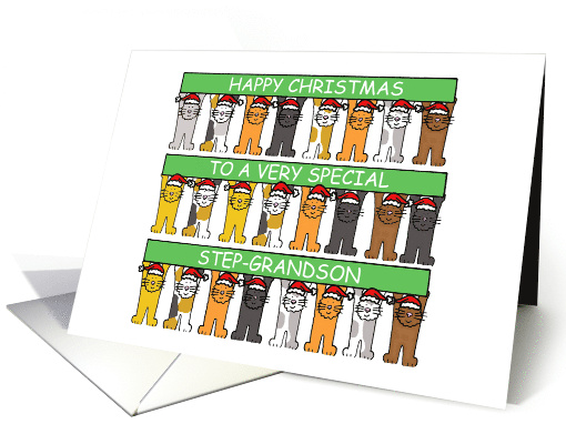 Happy Christmas Step-Grandson Cute Cartoon Cats in Santa Hats card