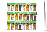 Happy Christmas Step-Grandson Cute Cartoon Cats in Santa Hats card