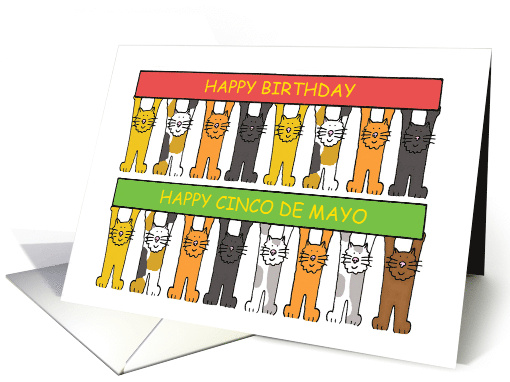 Birthday on Cinco de Mayo Cartoon Cats Holding Up Banners card