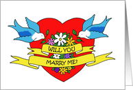 Will You Marry Me Proposal Cartoon Tattoo with Heart and Bluebirds card