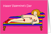 Lesbian Valentine Funny Cartoon Lady Wearing Hearts on Chaise Longue card