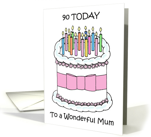 90 Today Wonderful Mum Happy Birthday Cartoon Cake and Candles card