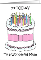 90 Today Wonderful Mum Happy Birthday Cartoon Cake and Candles card