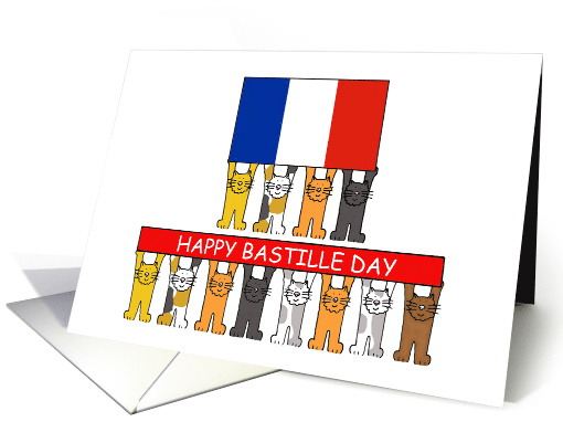 Bastille Day Cartoon Cats Holding Banners and French Flag card