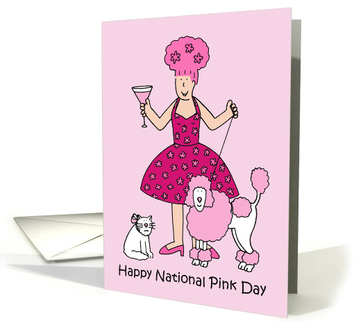 Happy National Pink Day June 23rd Cartoon Lady and Pets in Pink card