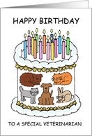 Veterinarian Happy Birthday Cartoon Decorated Cake and Candles card