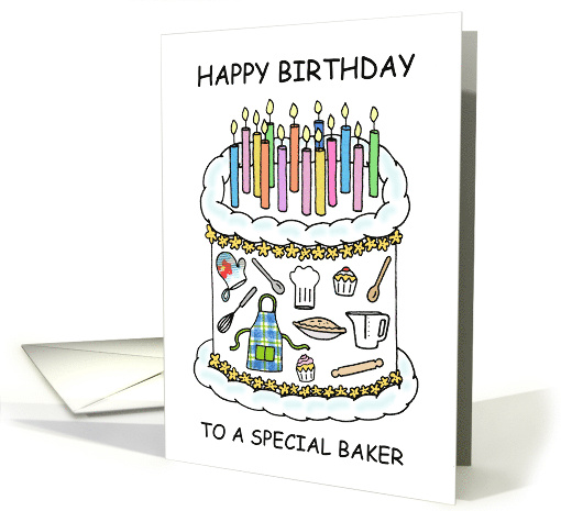Baker Happy Birthday Cartoon Decorated Cake and Candles card (1605170)