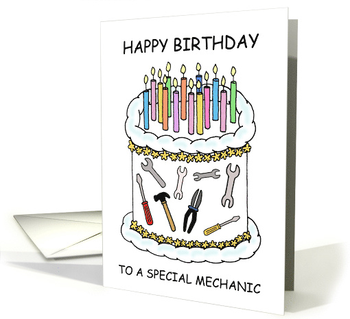 Happy Birthday to Mechanic Cartoon Cake and Candles card (1605404)