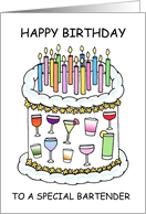 Happy Birthday to Bartender Mixologist Cartoon Cake and Cocktails card