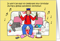 Coronavirus Self-isolation Birthday Cartoon Celebrations Lady and Cat card