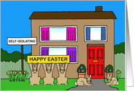 Coronavirus Happy Easter Cartoon House with Bunnies and Banners card