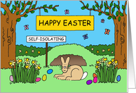 Covid 19 Self-isolating Cartoon Bunny with Banner and Easter Eggs card