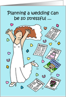 Wedding Planning Stress Cartoon Brown Haired Bride Running in Confetti card