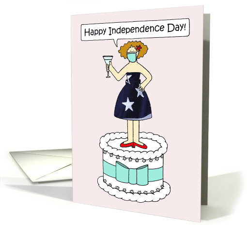 Coronavirus Happy 4th July Cartoon Lady on a Cake in a Face Mask card