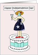 Coronavirus Happy 4th July Cartoon Lady on a Cake in a Face Mask card