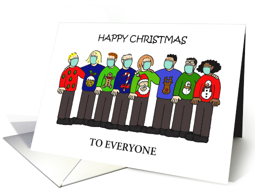 Coronavirus Happy Christmas Group in Facemasks to Personalize card