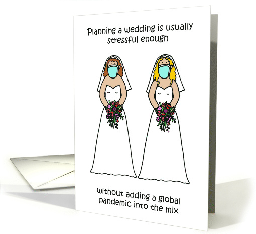 Covid 19 Lesbian Wedding Stress Cartoon Brides in Face Masks card