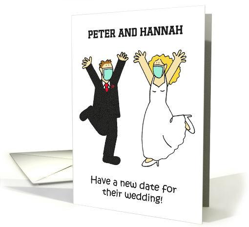 Covid 19 Wedding New Date Annoucement Bride and Groom Cartoon card