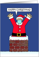 Covid 19 Happy Christmas Cartoon Santa Leaping Out of a Chimney card