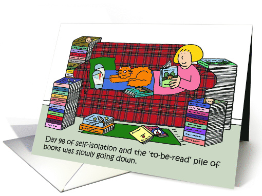 Covid 19 Book Reading in Self-isolation Cartoon Lady on a Sofa card