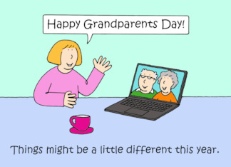 Happy Grandparents Day Cartoon Couple Seen Virtually on a Computer