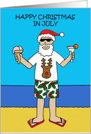 Christmas in July Santa on the Beach in Shorts and Flip Flops Cartoon card