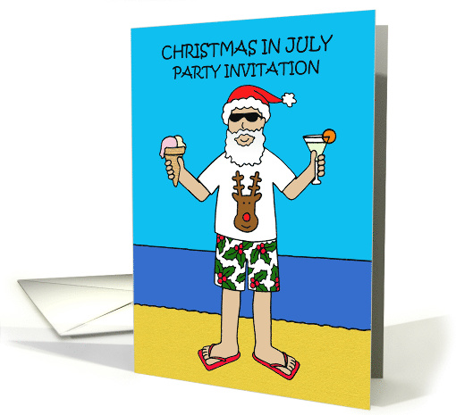 Christmas in July Party Invitation Santa in Shorts & Flip Flops card