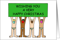 Happy Christmas Covid 19 Cartoon Men in Holly Underpants and Masks card