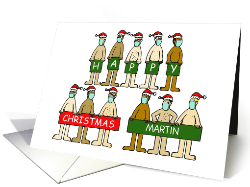 Happy Christmas Covid 19 Cartoon Men in Santa Hats and Masks card