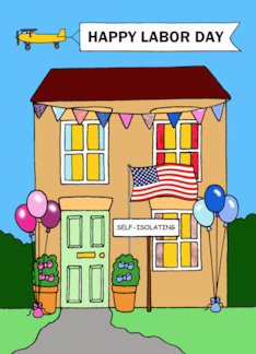 Labour Day New Baby Humor Cartoon House with Flags and Balloons