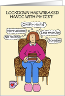 Covid 19 Lockdown Diet Cartoon Humor Lady with Cake Thinking of You card