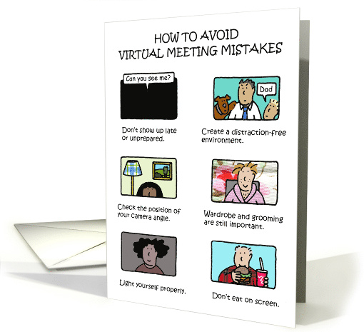 How to Avoid Virtual Meeting Mistakes Humorous Cartoons card (1634014)