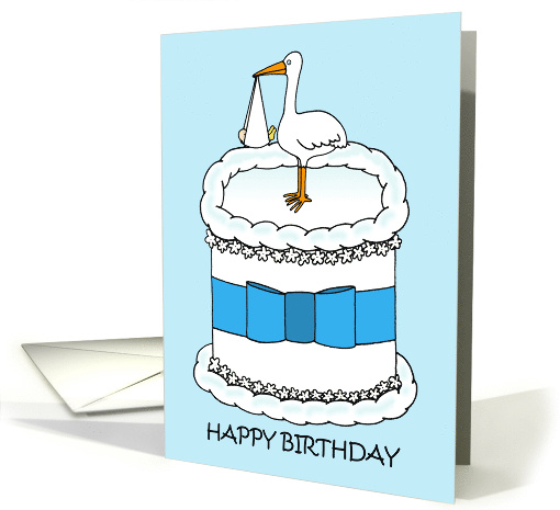 Happy Birthday to New Dad Cartoon Stork and Baby on a Cake card