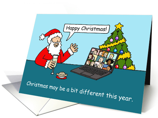 Covid 19 Happy Christmas Cartoon Santa on a Video Call Humor card