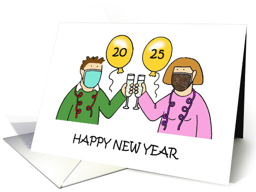 Covid 19 Happy New Year 2022 Cartoon Couple in Facemasks card