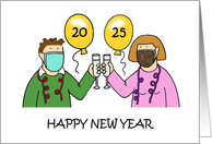 Covid 19 Happy New Year 2025 Cartoon Couple in Facemasks card