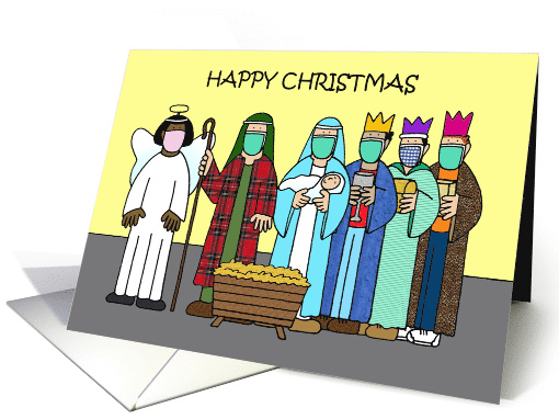 Covid 19 Happy Christmas Cartoon Nativity Scene with Facemasks card