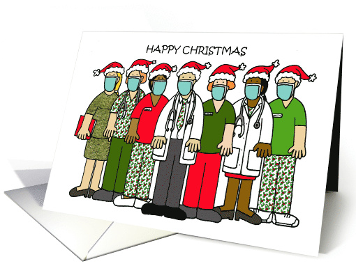 Covid 19 Happy Christmas Medical Staff Team Cartoon Group card