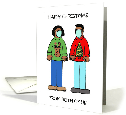 Happy Christmas Cartoon African American Couple in Facemasks card