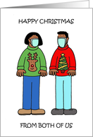 Happy Christmas Cartoon African American Couple in Facemasks card