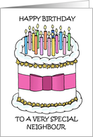 Happy Birthday to Neighbour Cake and Candles English Spelling card