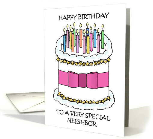 Happy Birthday to Neighbor Cake and Candles American Spelling card
