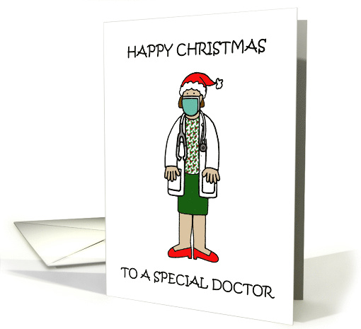 Happy Christmas Covid 19 Female Doctor in a Face Mask Cartoon card